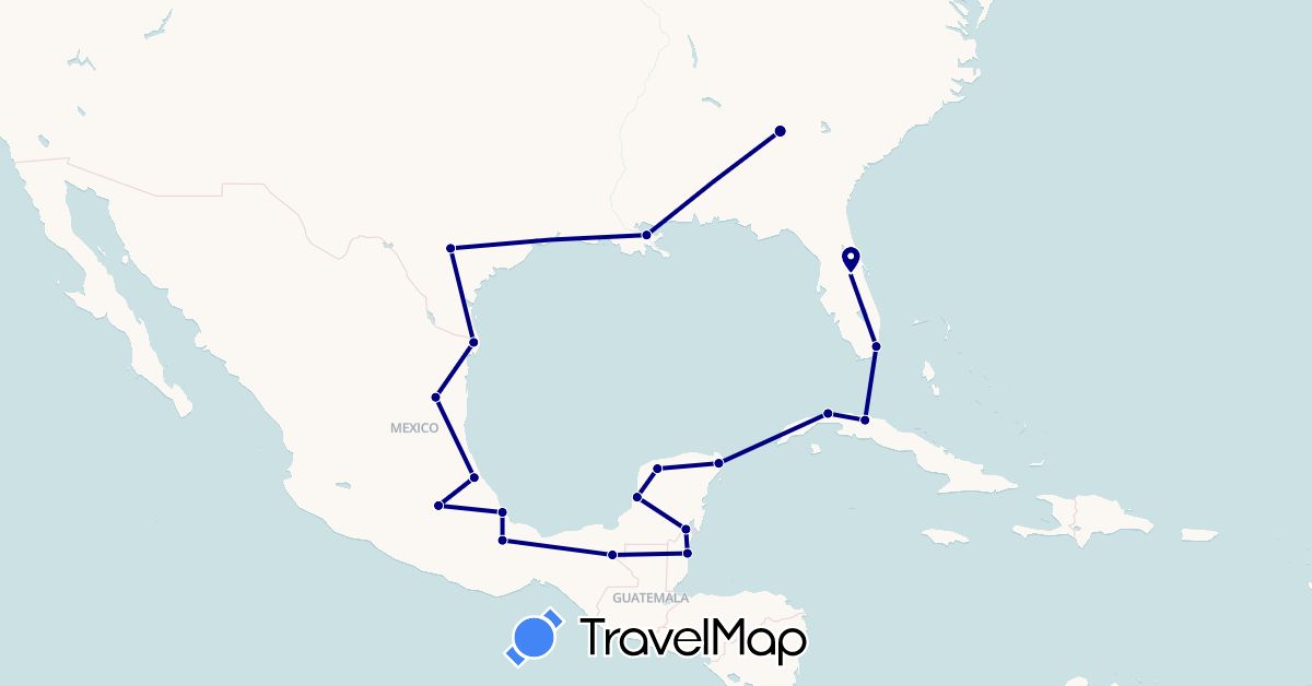 TravelMap itinerary: driving in Belize, Cuba, Mexico, United States (North America)